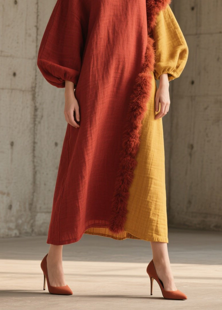 Beautiful Colorblock Fuzzy Fur Fluffy Patchwork Cotton Long Dress Fall
