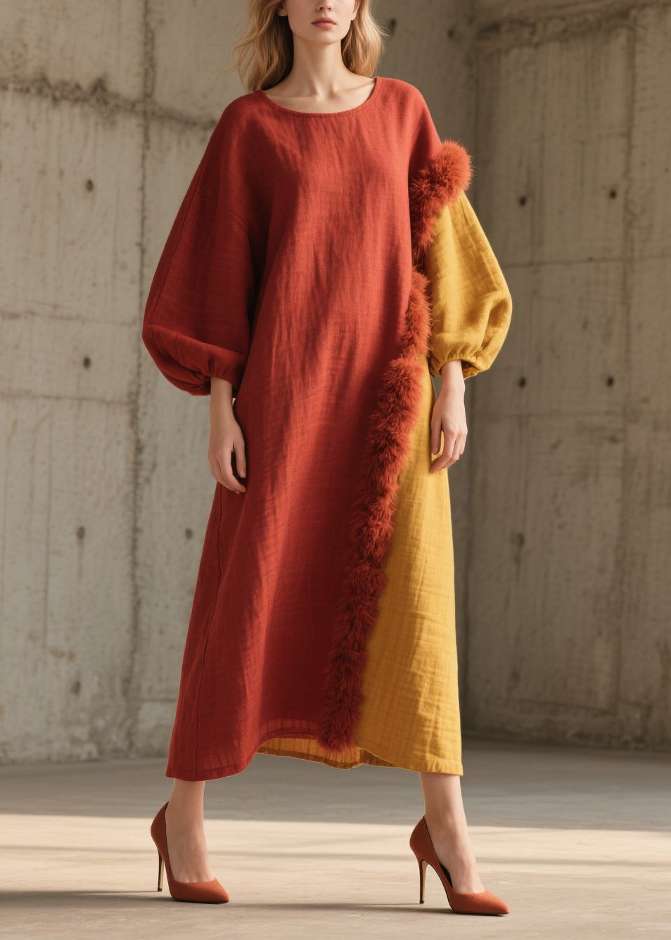 Beautiful Colorblock Fuzzy Fur Fluffy Patchwork Cotton Long Dress Fall