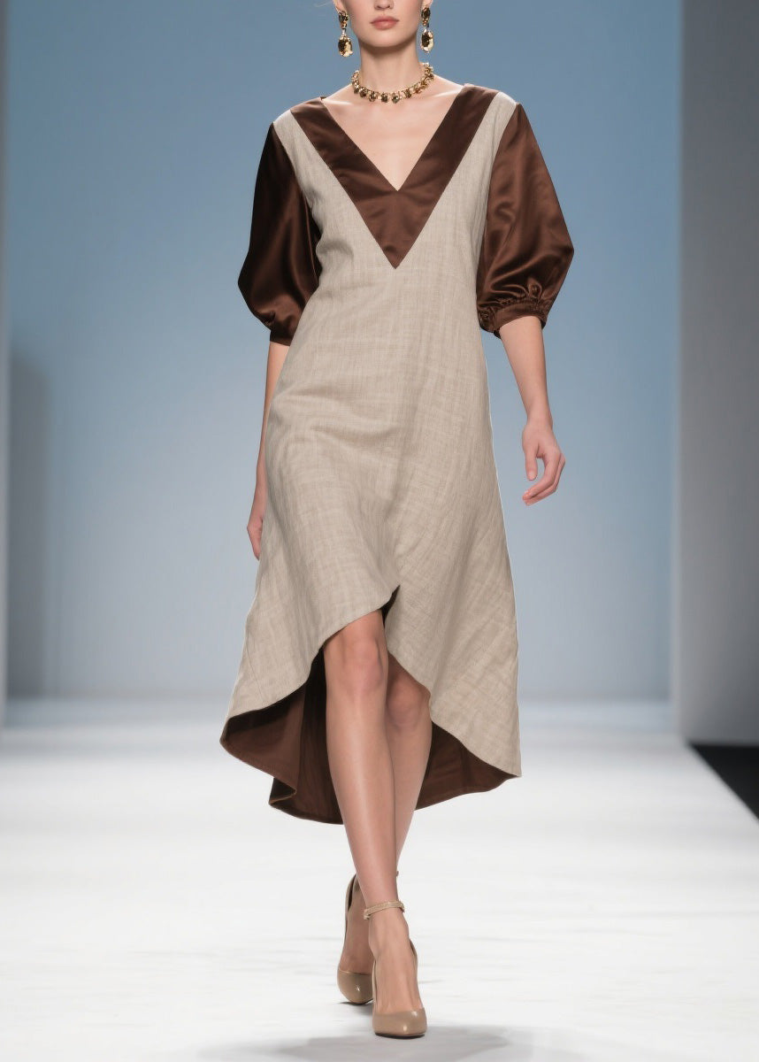 Beautiful Colorblock Low High Design Patchwork Linen Silk Dress Summer