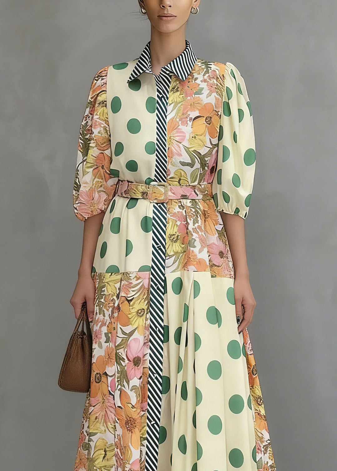 Beautiful Colorblock Peter Pan Collar Print Maxi Shirts Dresses Summer