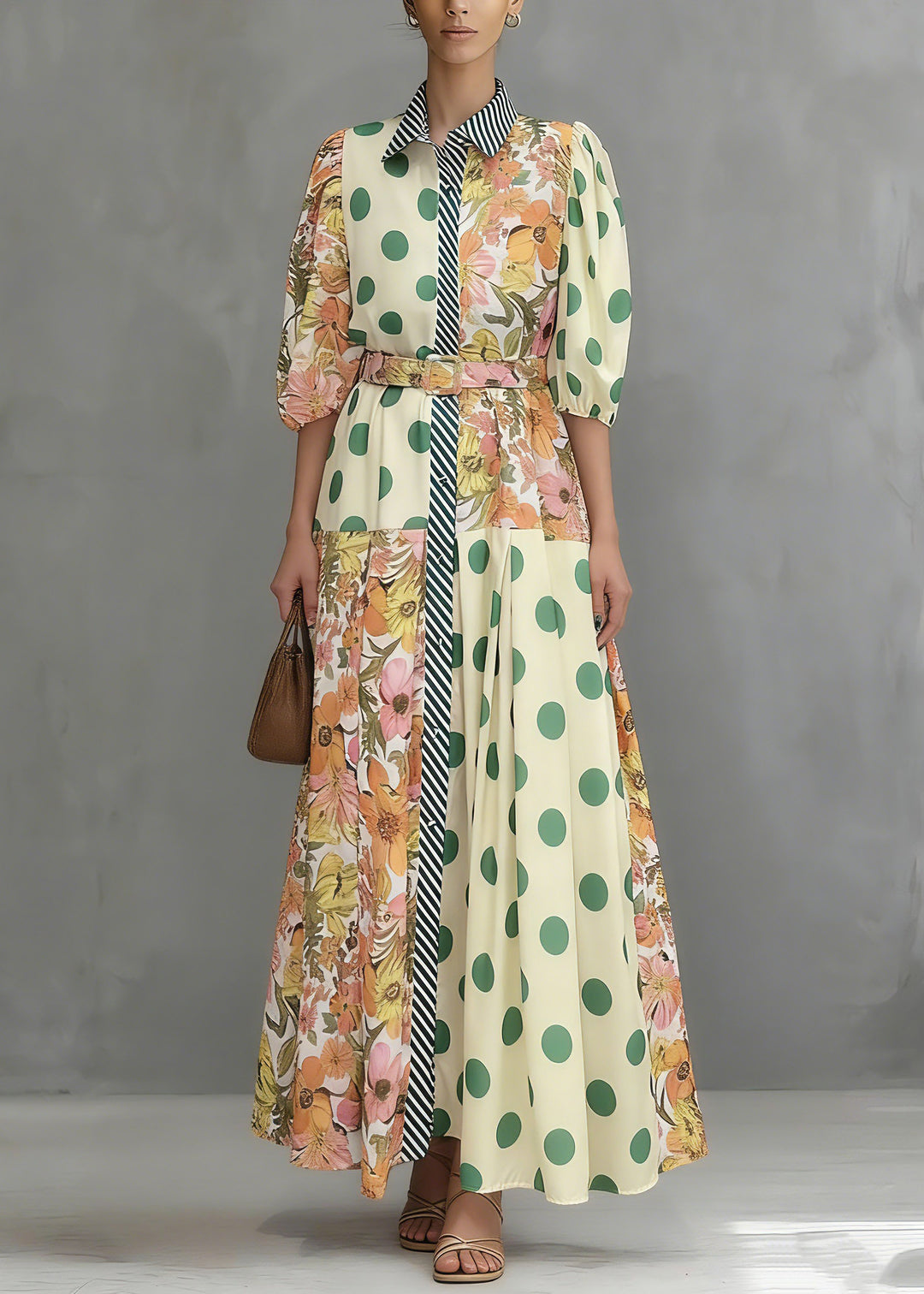 Beautiful Colorblock Peter Pan Collar Print Maxi Shirts Dresses Summer