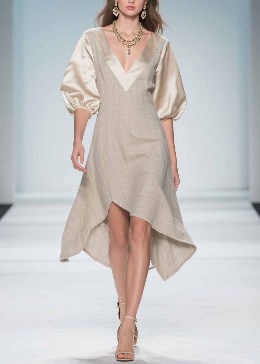 Beautiful Colorblock Puff Sleeve Patchwork Linen Silk Dresses