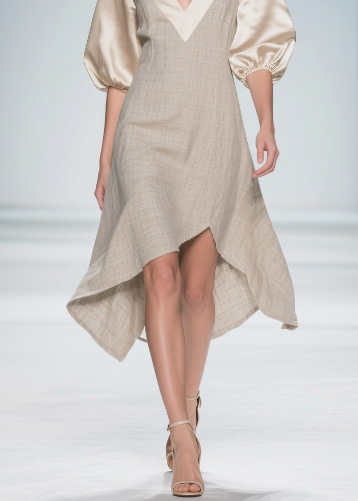 Beautiful Colorblock Puff Sleeve Patchwork Linen Silk Dresses