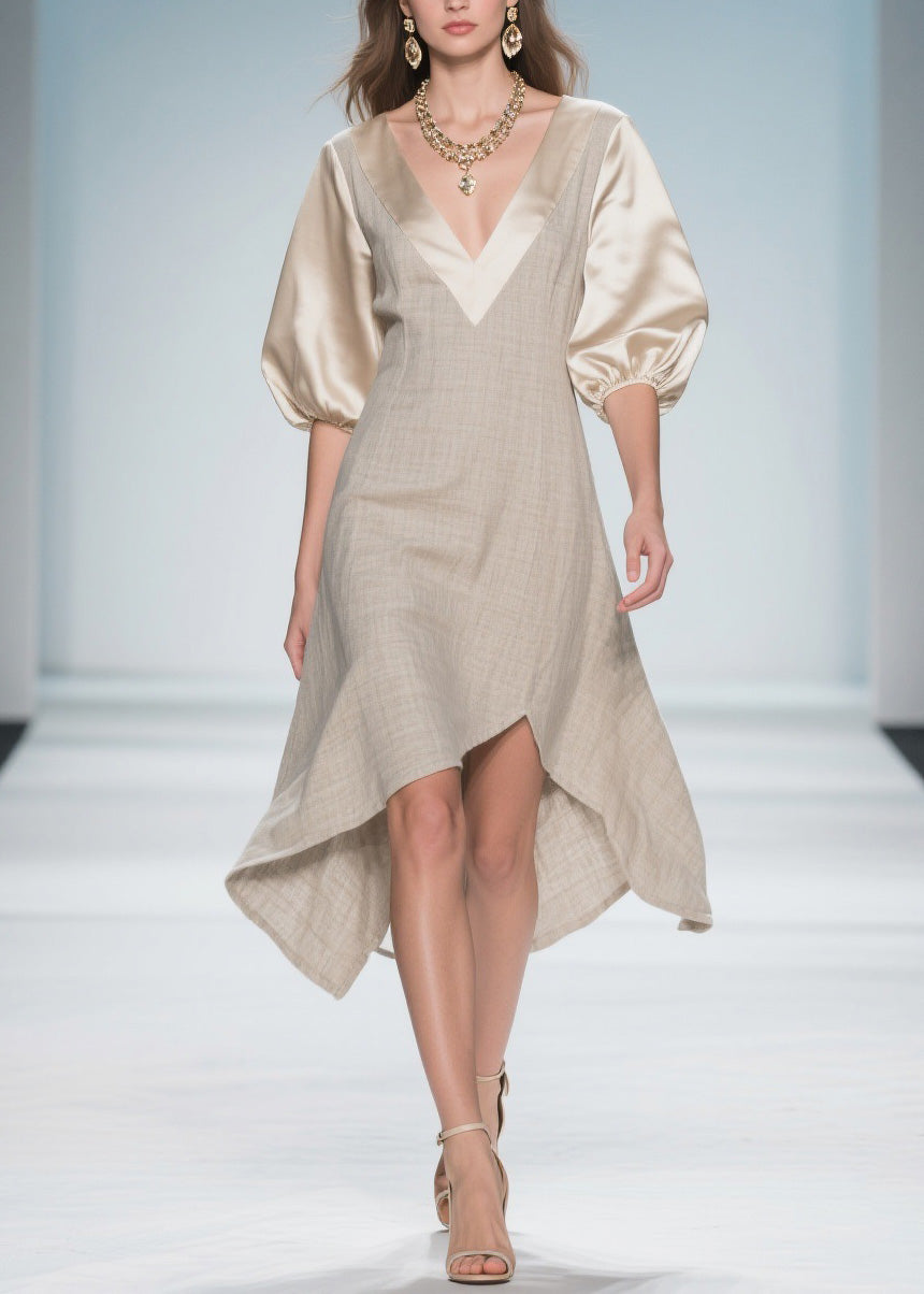 Beautiful Colorblock Puff Sleeve Patchwork Linen Silk Dresses