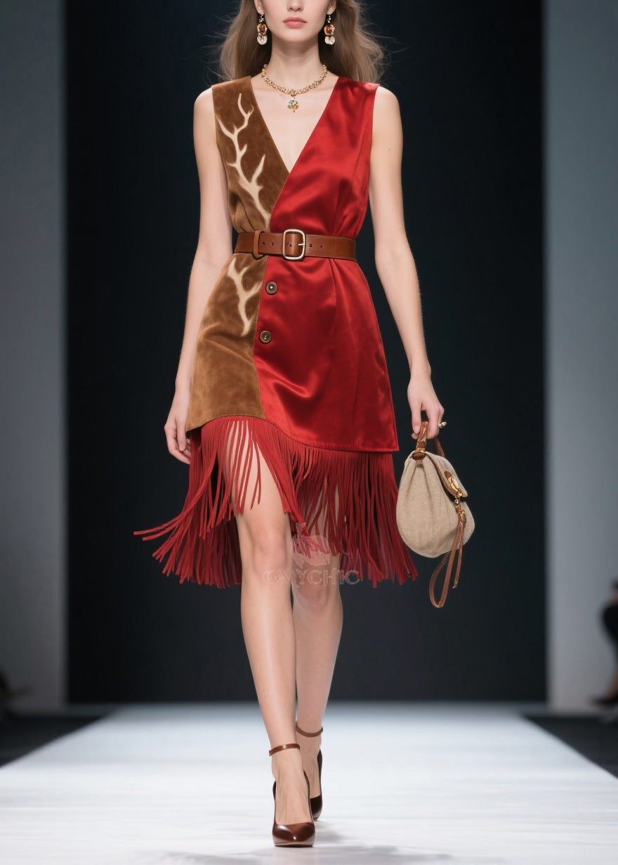 Beautiful Colorblock Tassel Patchwork Velvet Dresses Sleeveless