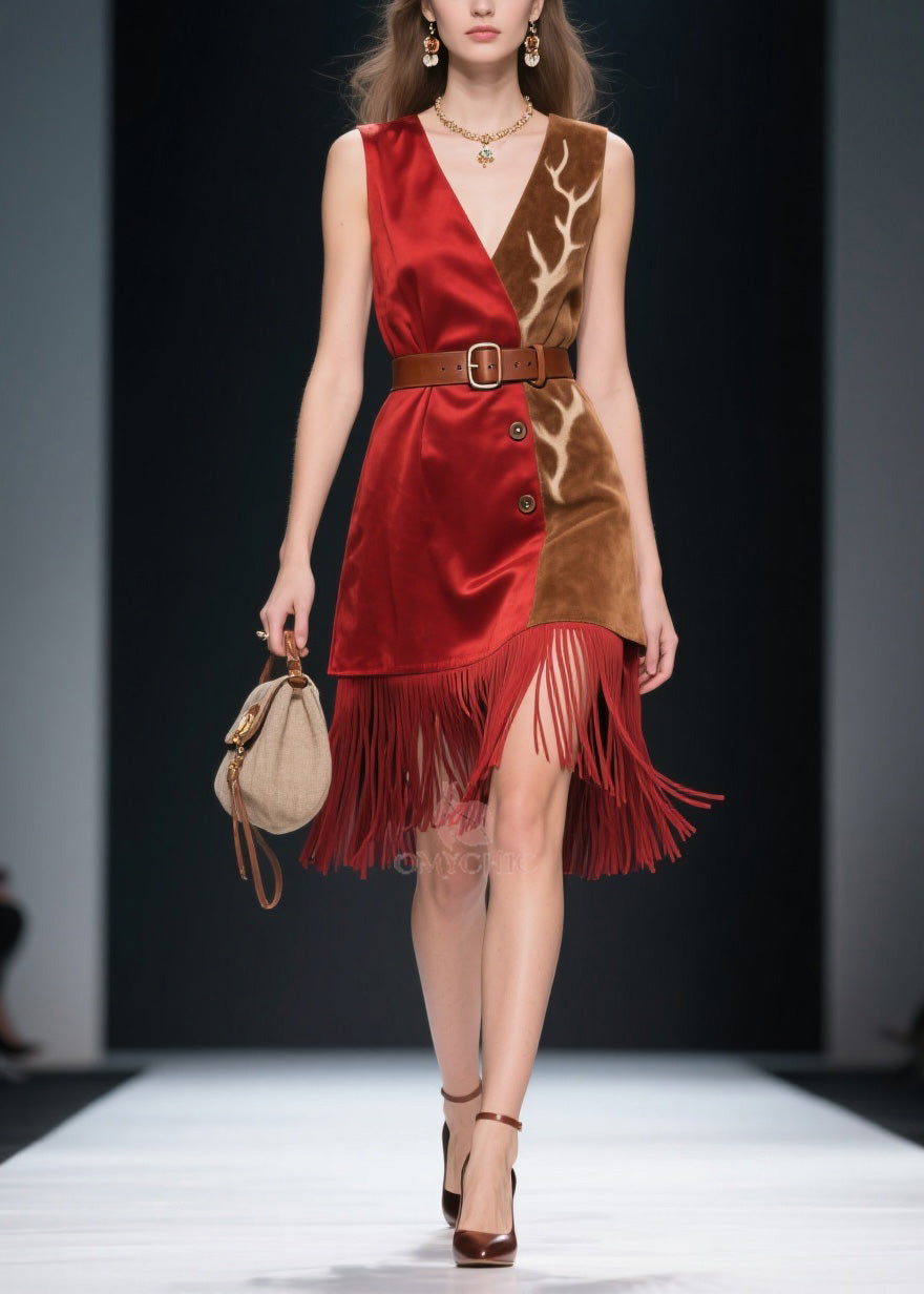 Beautiful Colorblock Tassel Patchwork Velvet Dresses Sleeveless