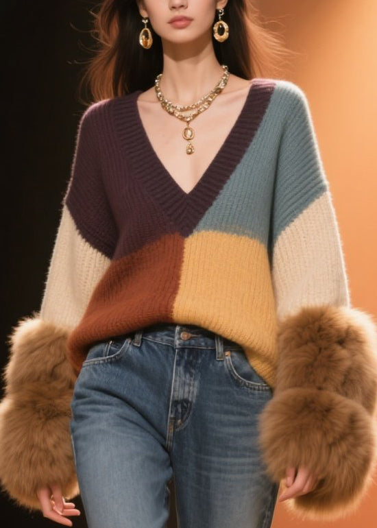 Beautiful Colorblock V Neck Fuzzy Fur Fluffy Patchwork Knit Sweaters Fall