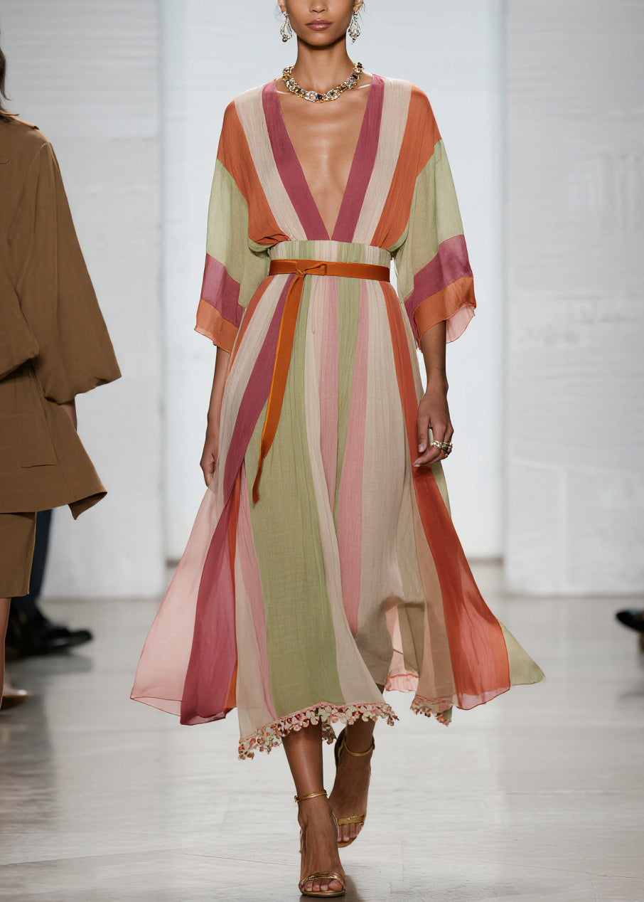 Beautiful Colorblock V Neck Patchwork Cotton Long Dresses Summer