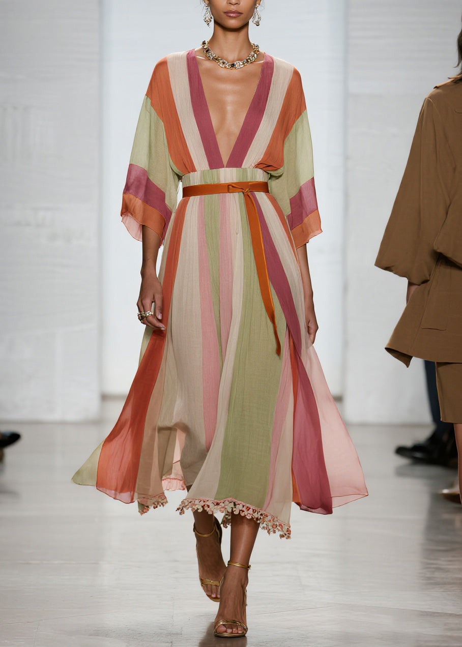 Beautiful Colorblock V Neck Patchwork Cotton Long Dresses Summer