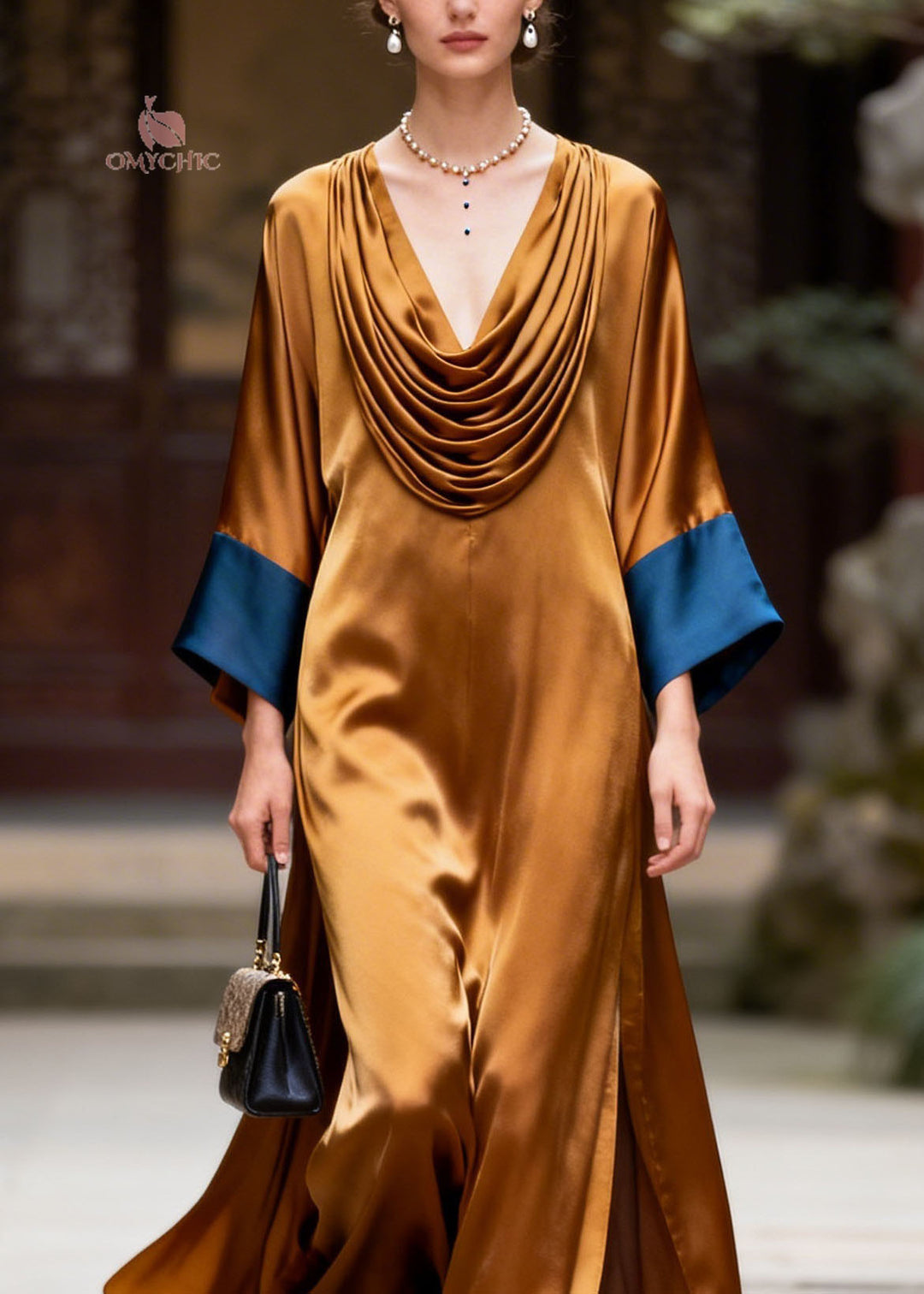 Beautiful Colorblock Wrinkled Patchwork Silk Long Dress Summer