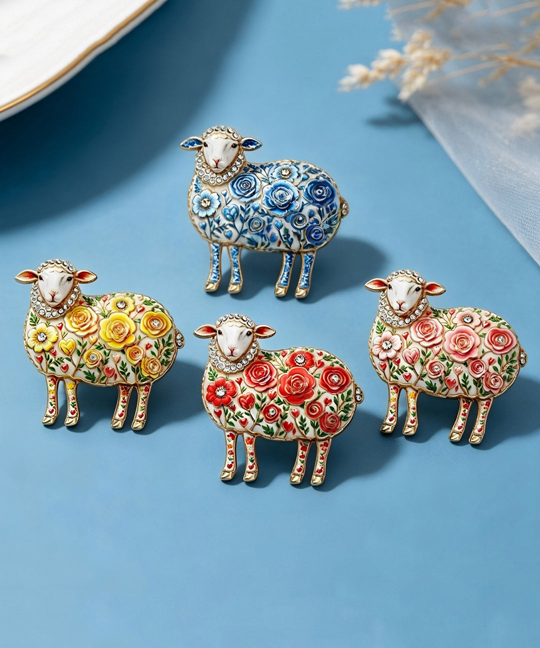 Beautiful Cyan Alloy Zircon Enamel Little Sheep Brooches