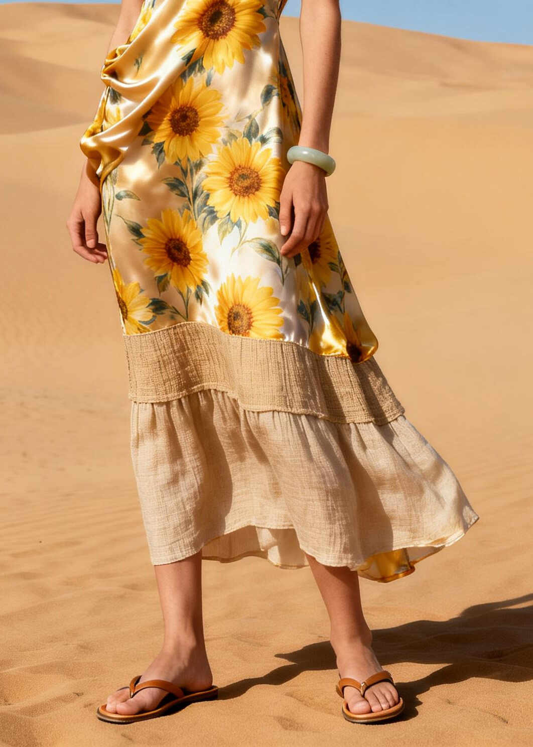 Beautiful Daisy V Neck Patchwork Linen Silk Vacation Dress Sleeveless
