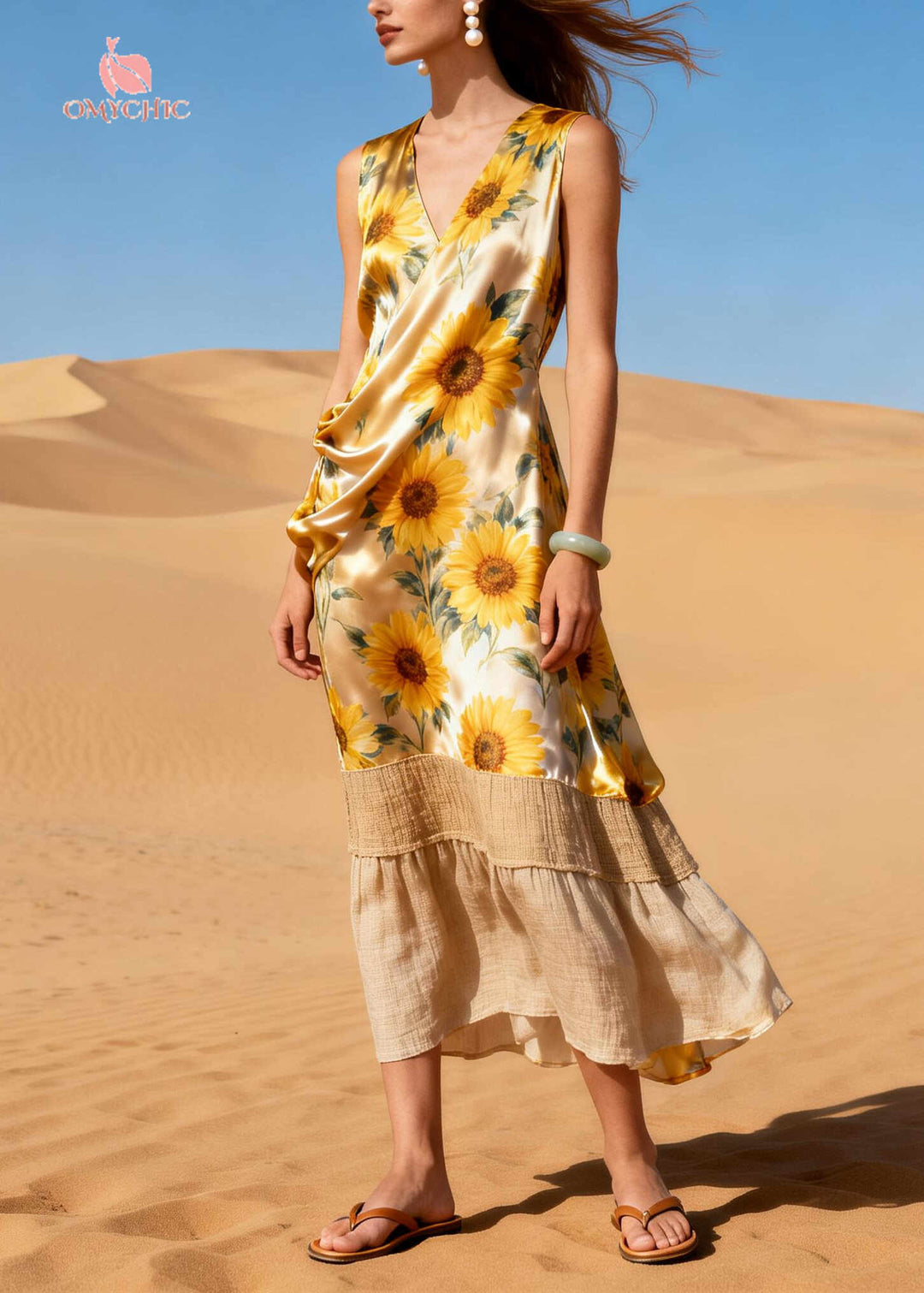 Beautiful Daisy V Neck Patchwork Linen Silk Vacation Dress Sleeveless