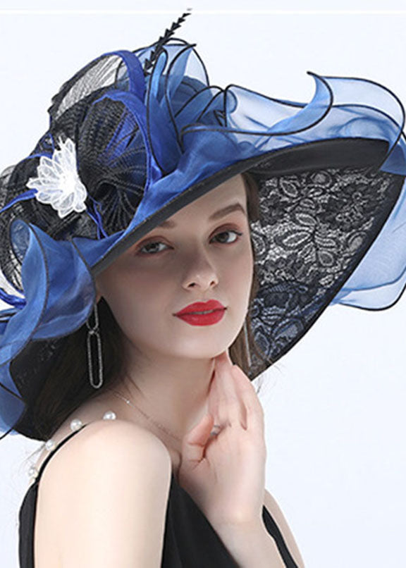 Beautiful Dark Blue Floral Hollow Out Organza Cloche Hat