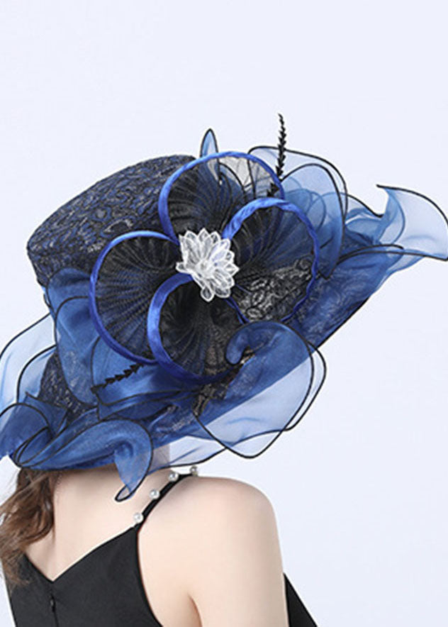 Beautiful Dark Blue Floral Hollow Out Organza Cloche Hat