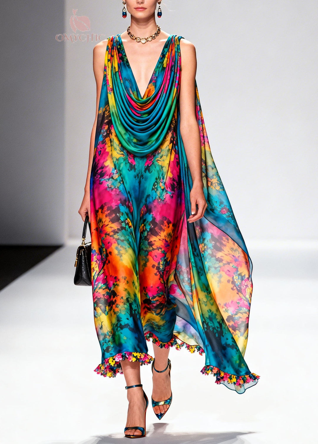 Beautiful Draped Neckline Print Floral Chiffon Dress Sleeveless