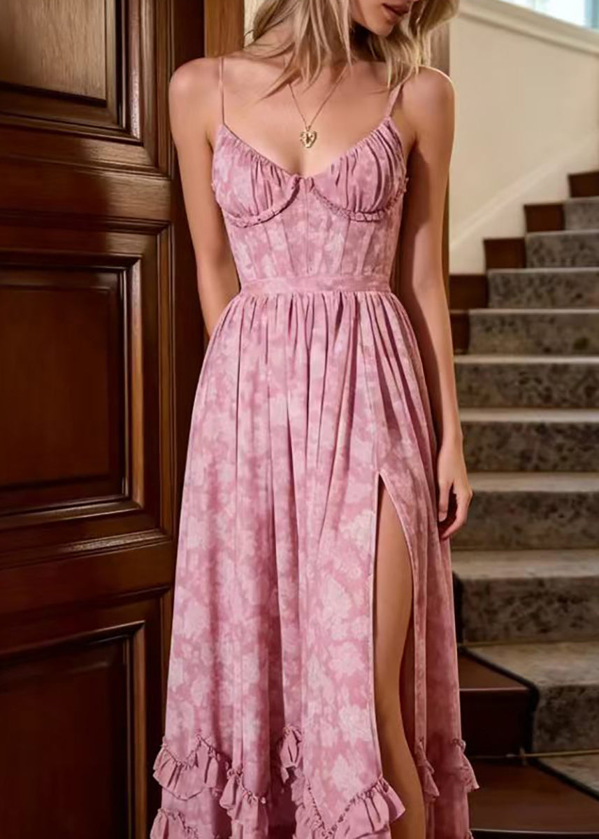Beautiful Dusty Pink Ruffled Print Side Open Spaghetti Strap Dress Sleeveless
