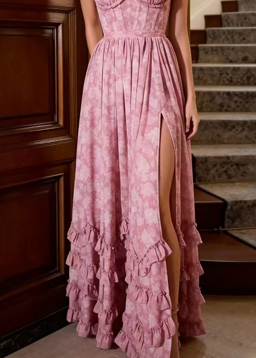 Beautiful Dusty Pink Ruffled Print Side Open Spaghetti Strap Dress Sleeveless