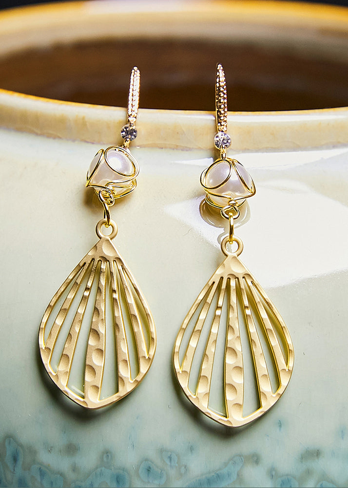 Beautiful Fan-shaped 14K Gold Pearl Drop Earrings