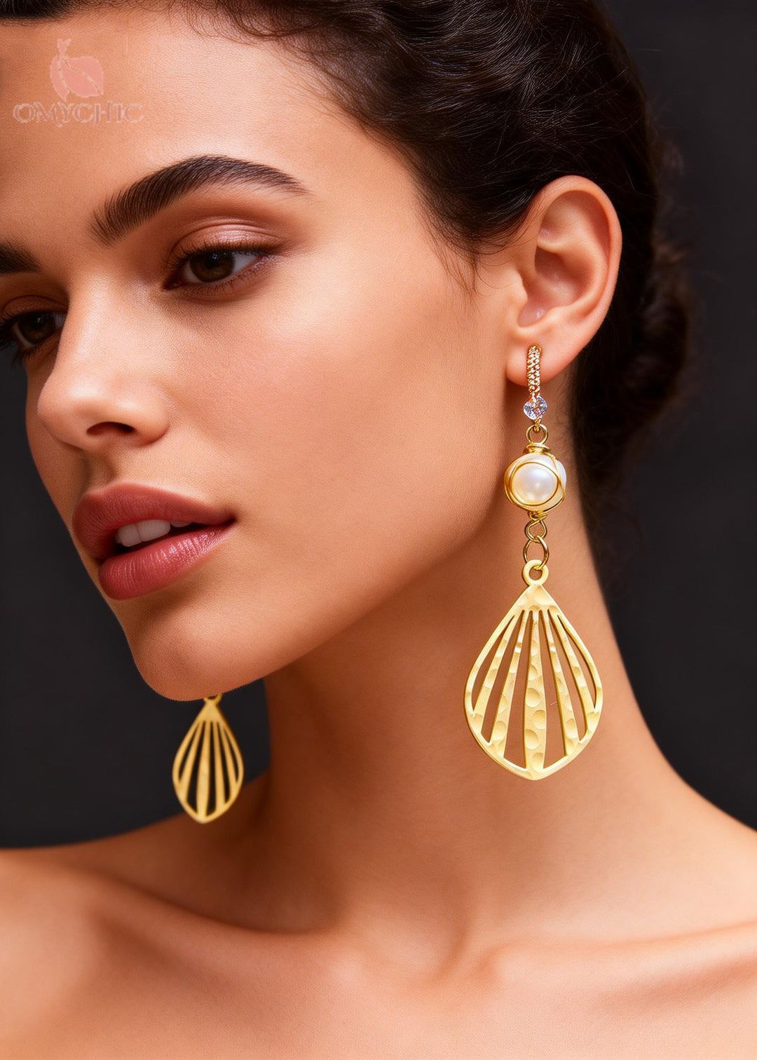Beautiful Fan-shaped Hollow Out Fine Pearl Drop Earrings
