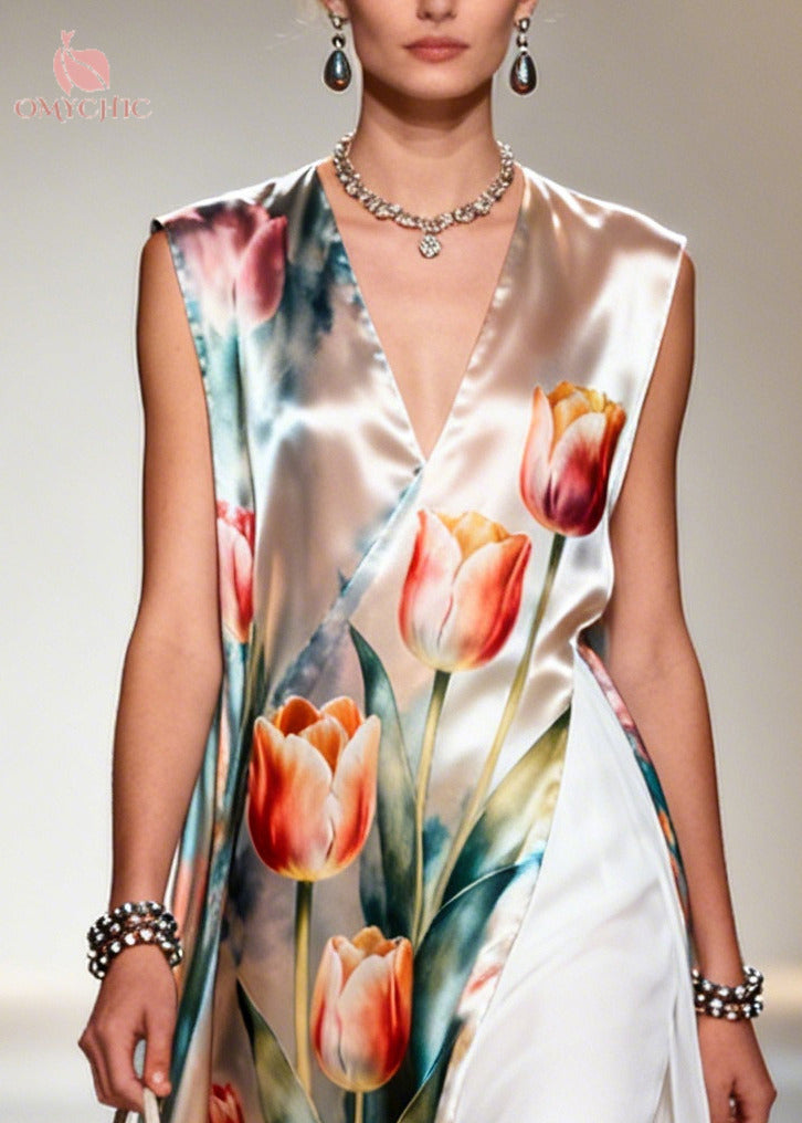 Beautiful Flower Print Patchwork Chiffon Maxi Dresses Sleeveless
