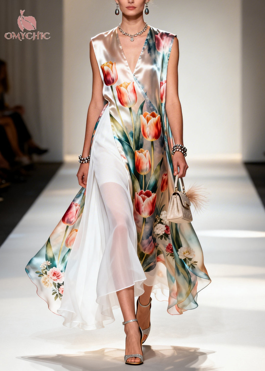 Beautiful Flower Print Patchwork Chiffon Maxi Dresses Sleeveless