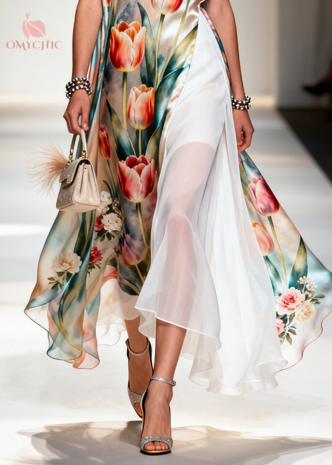 Beautiful Flower Print Patchwork Chiffon Maxi Dresses Sleeveless