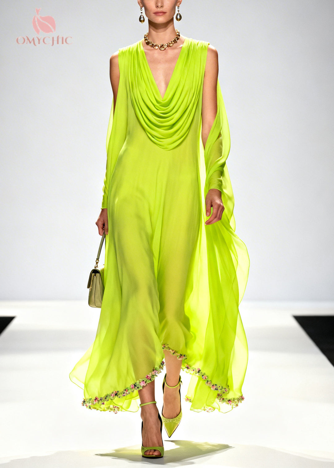 Beautiful Fluorescent Green Turtle Neck Patchwork Flower Chiffon Holiday Dress Summer