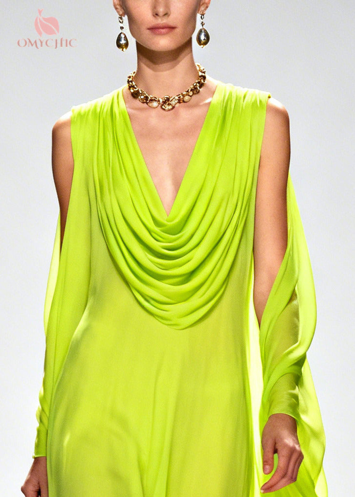 Beautiful Fluorescent Green Turtle Neck Patchwork Flower Chiffon Holiday Dress Summer