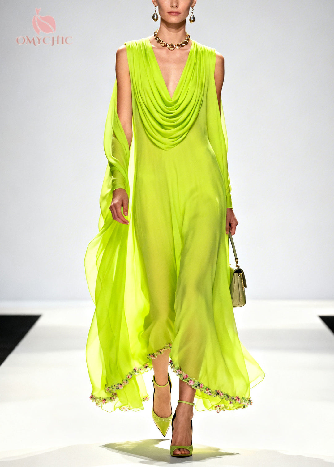 Beautiful Fluorescent Green Turtle Neck Patchwork Flower Chiffon Holiday Dress Summer
