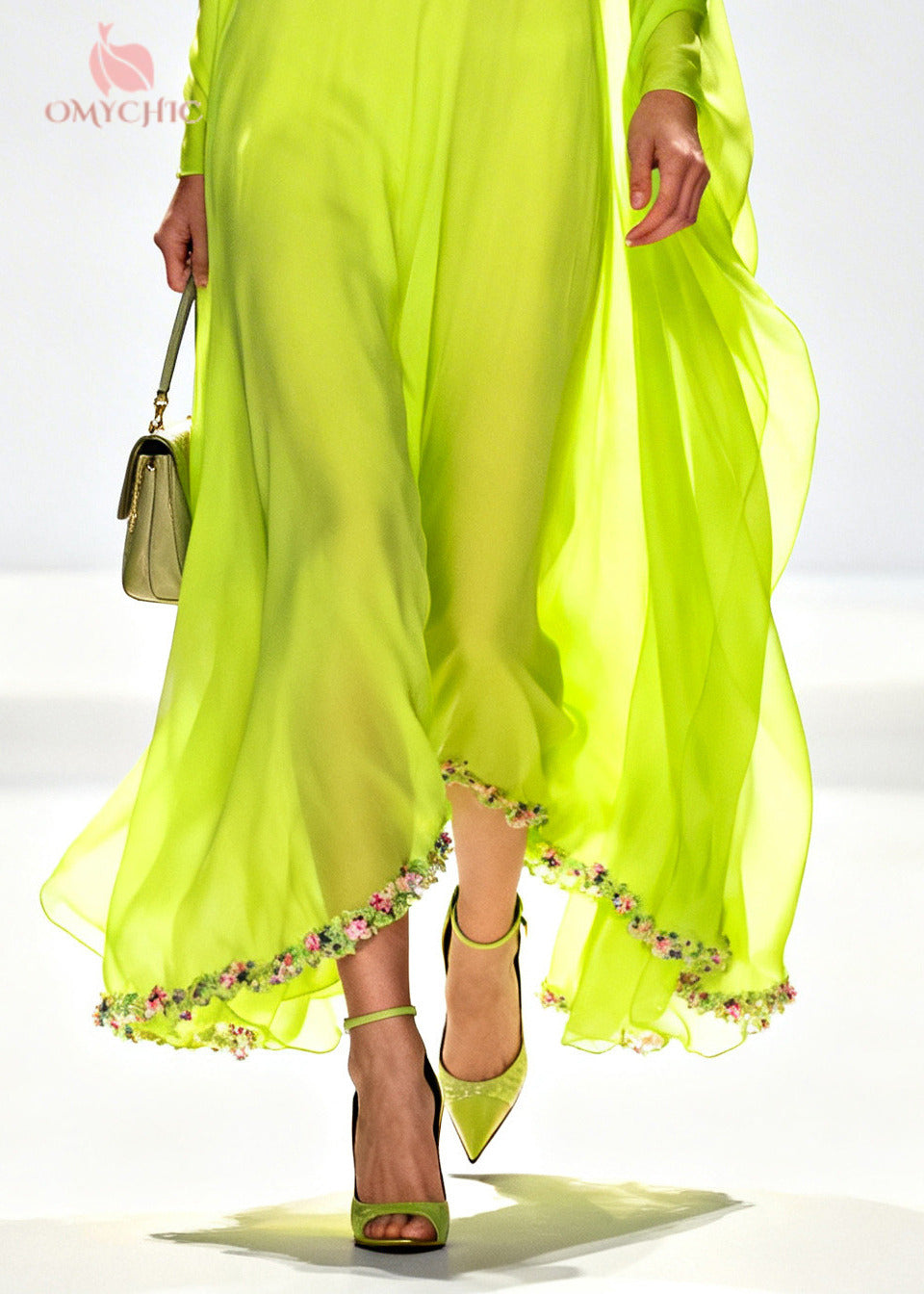 Beautiful Fluorescent Green Turtle Neck Patchwork Flower Chiffon Holiday Dress Summer