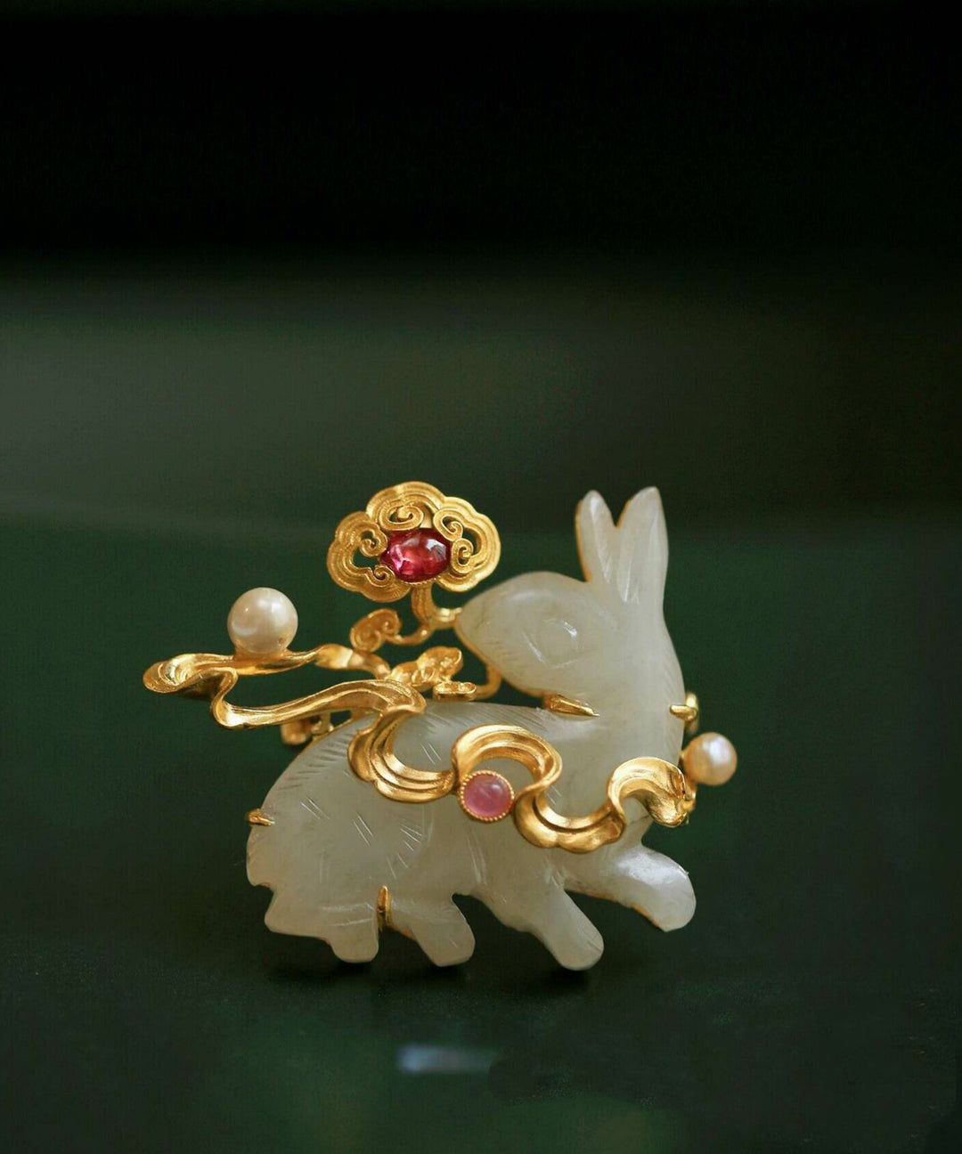 Beautiful Gold Sterling Silver Overgild Jade Rabbit Brooches