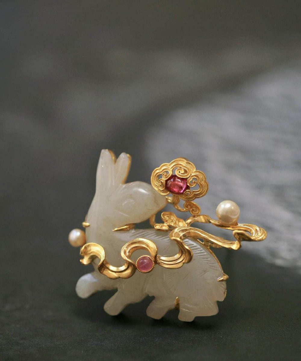 Beautiful Gold Sterling Silver Overgild Jade Rabbit Brooches