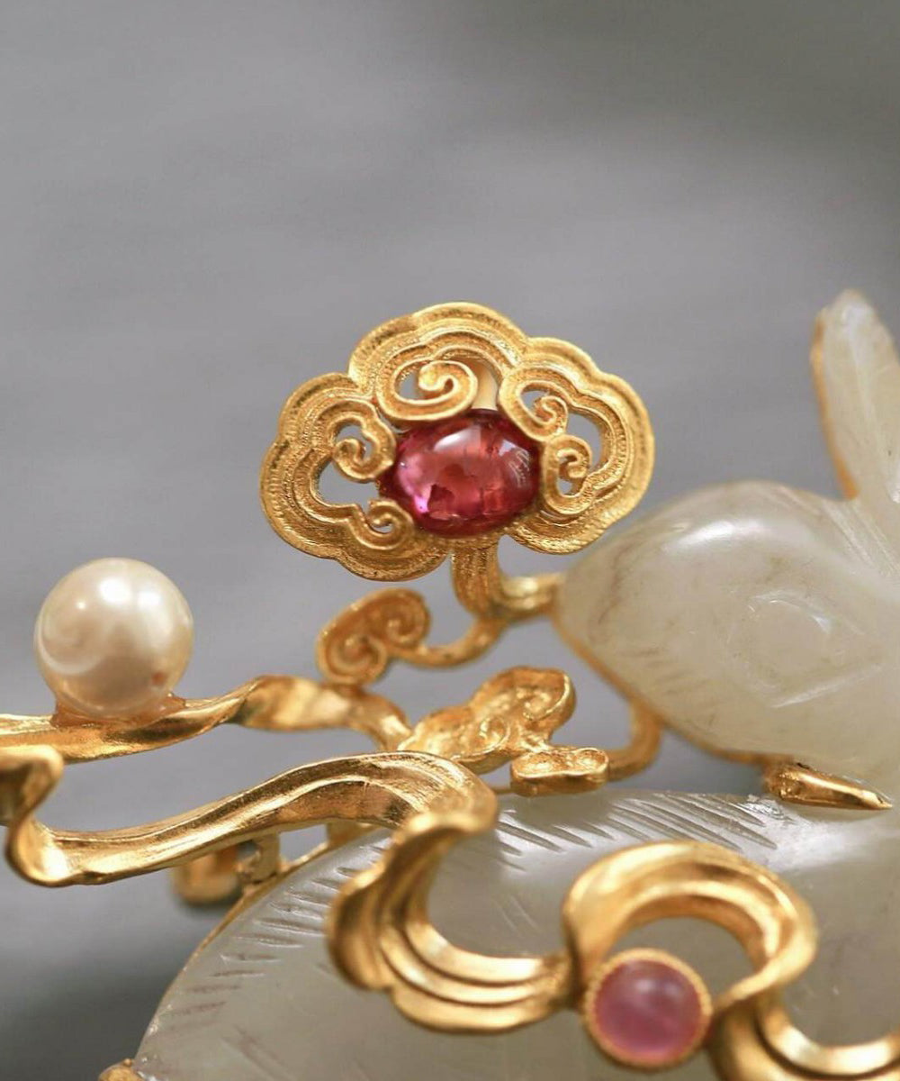 Beautiful Gold Sterling Silver Overgild Jade Rabbit Brooches
