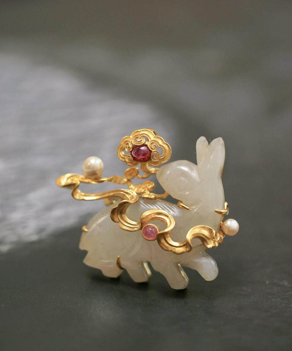 Beautiful Gold Sterling Silver Overgild Jade Rabbit Brooches