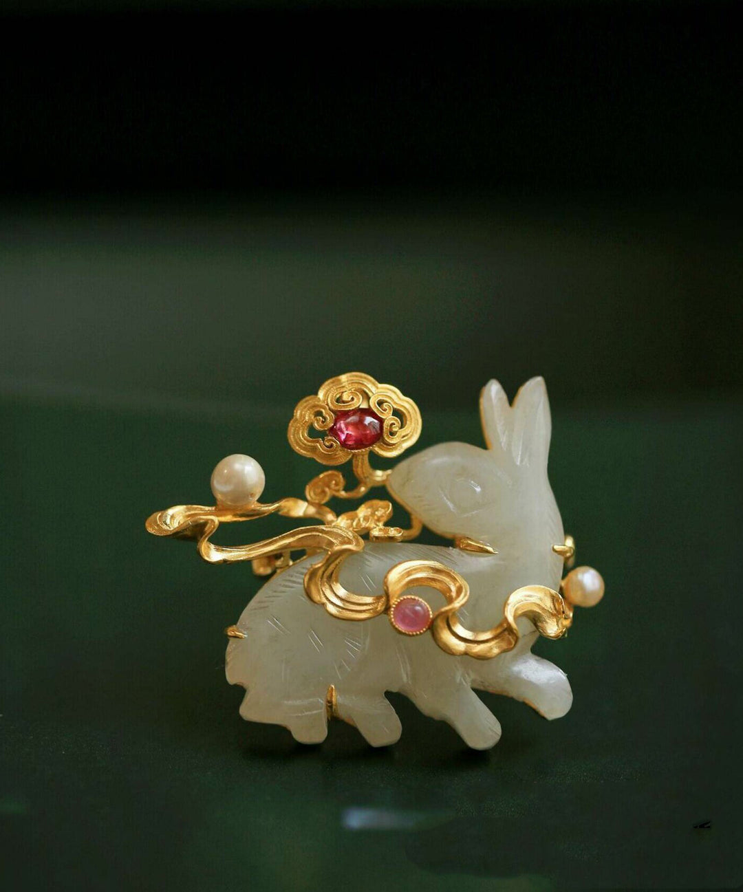 Beautiful Gold Sterling Silver Overgild Jade Rabbit Brooches