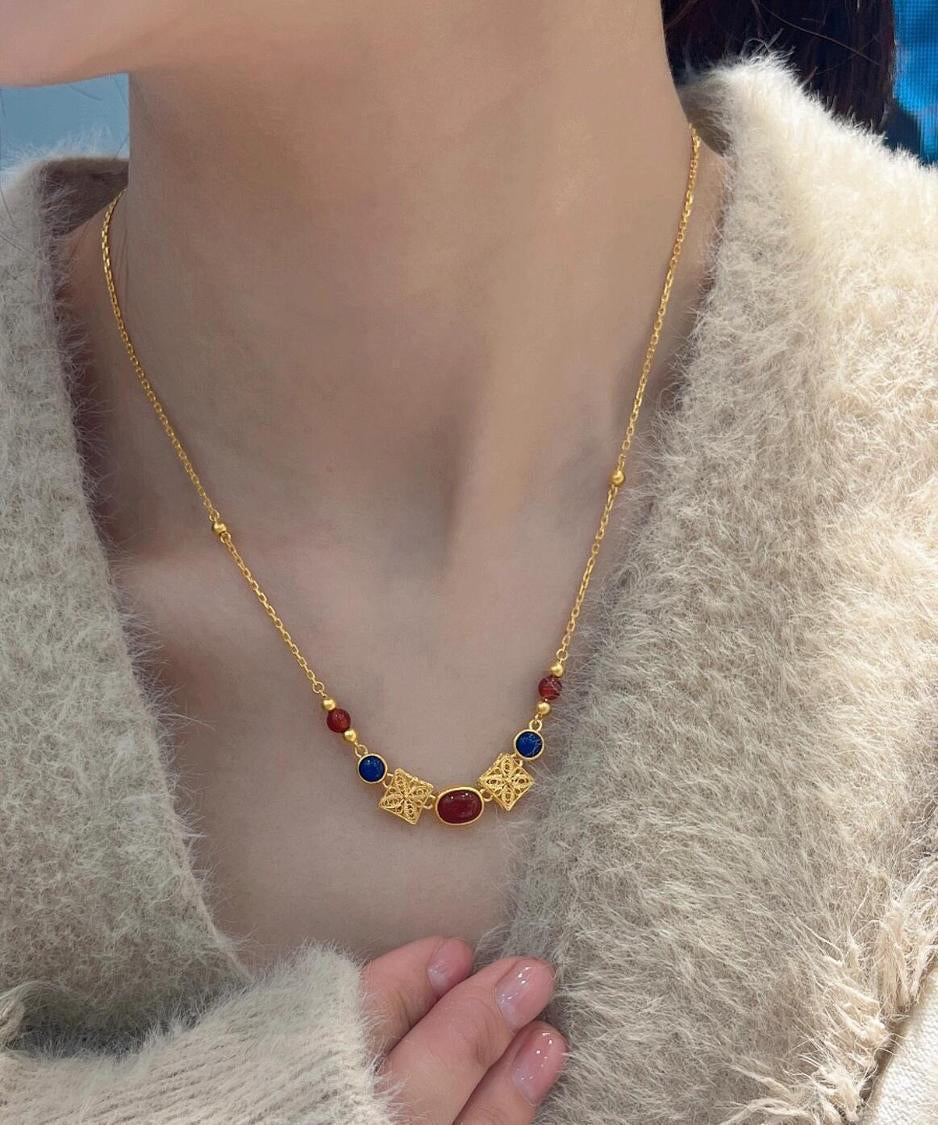 Beautiful Gold Sterling Silver Overgild Zircon Floral Pendant Necklace
