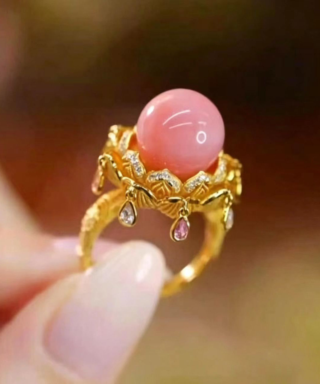 Beautiful Gold Zircon Alloy Lotus Round Bead Rings