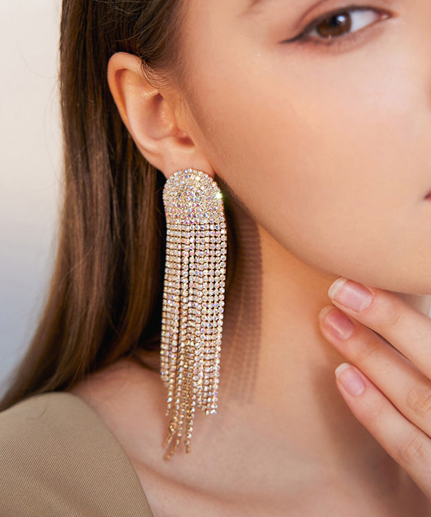 Beautiful Gold Zircon Tassels Silver Drop Earrings