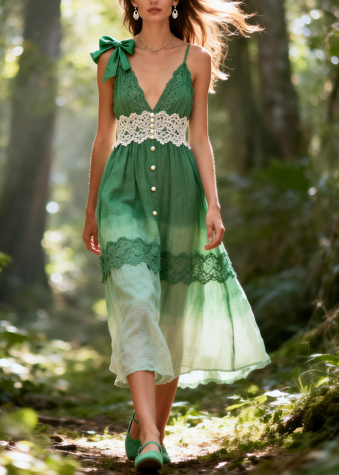 Beautiful Gradient Green Lace Patchwork Bow Cotton Long Dresses Summer