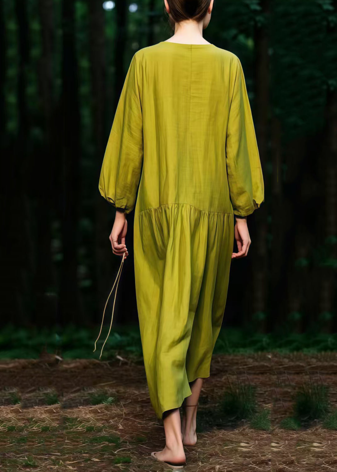 Beautiful Grass Green V Neck Cotton Ankle Dress Spring