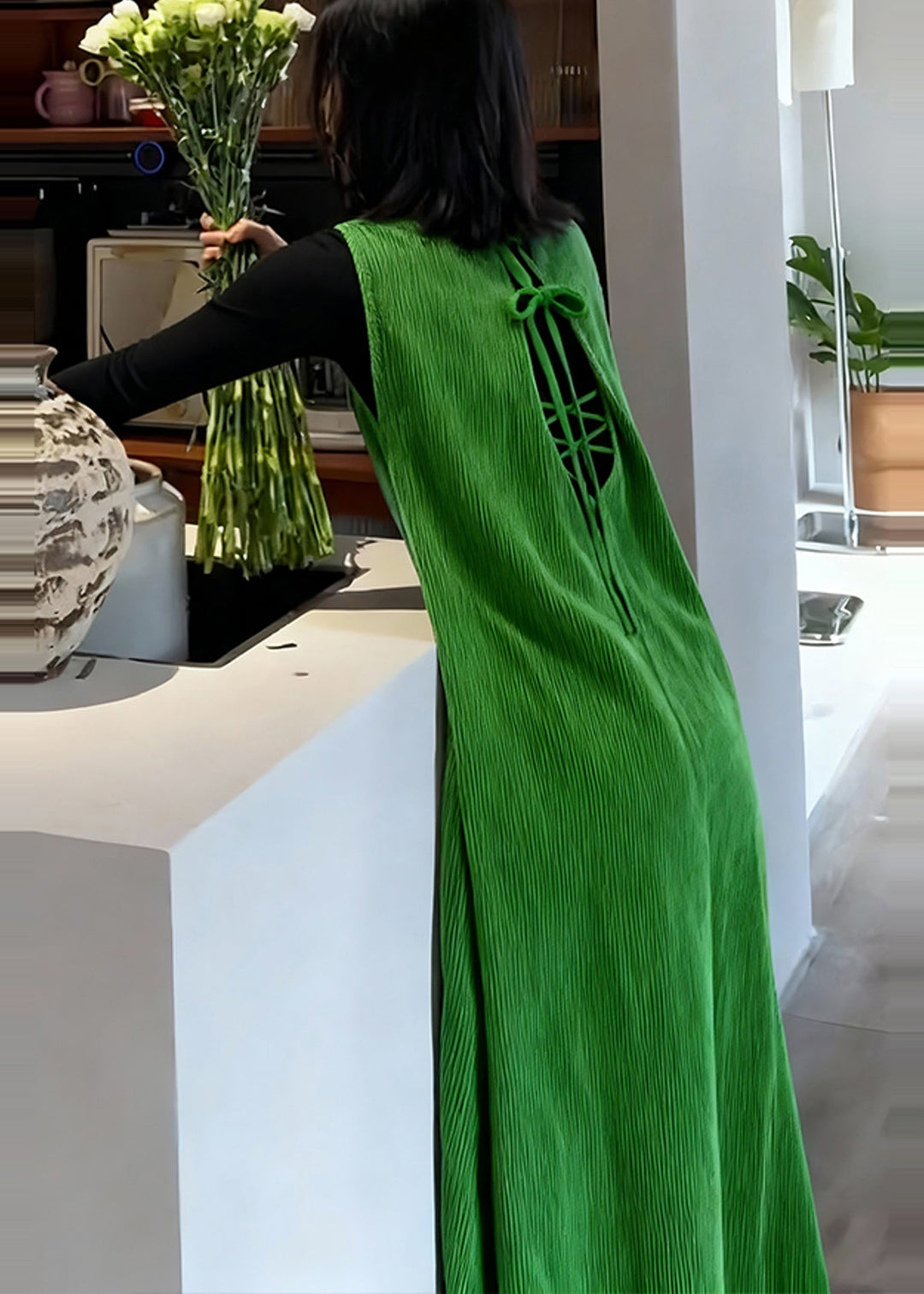Beautiful Green Backless Corduroy Long Dresses Sleeveless