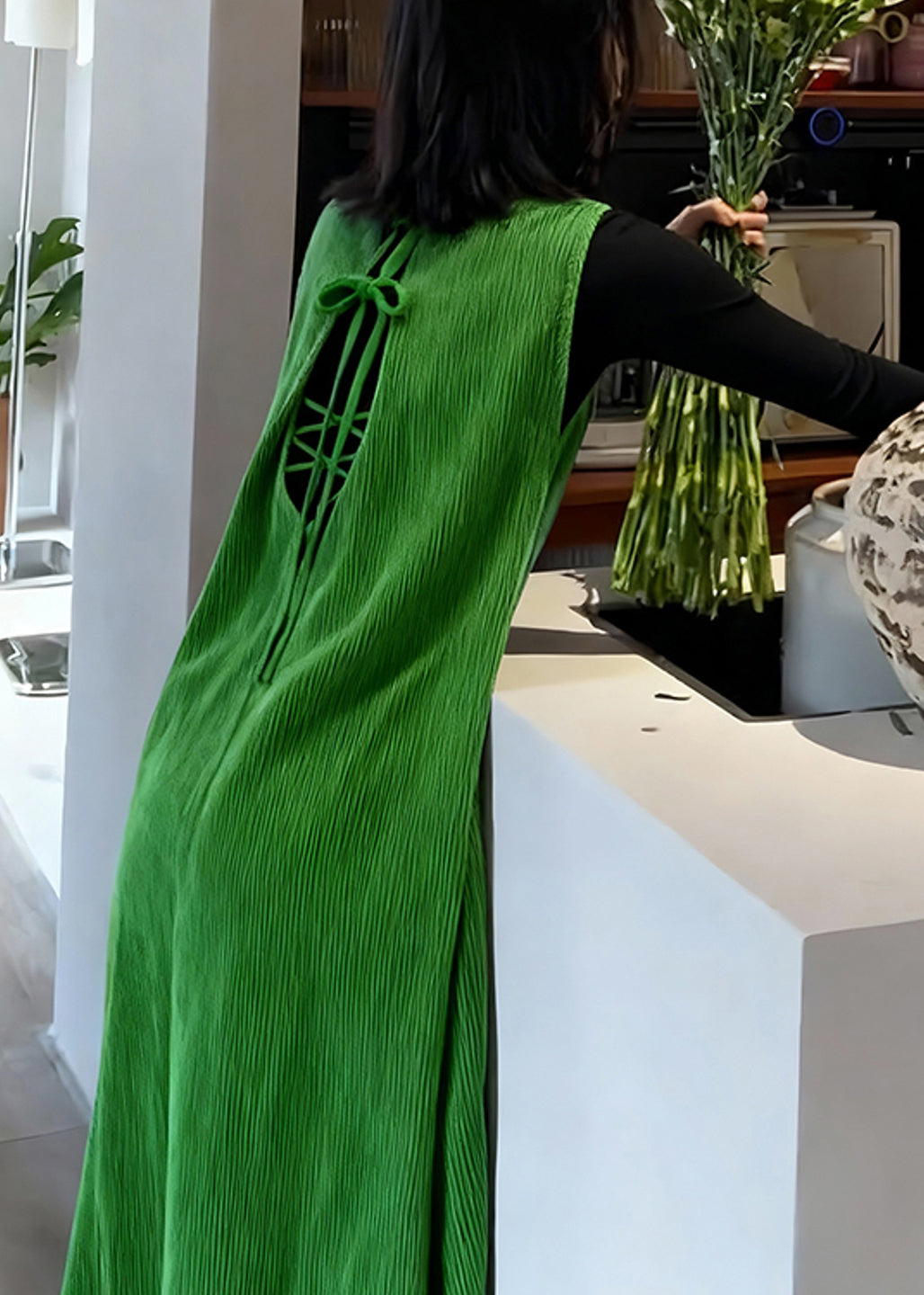 Beautiful Green Backless Corduroy Long Dresses Sleeveless