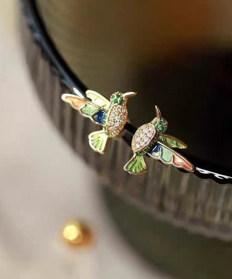 Beautiful Green Copper Alloy Zircon Enamel Drop Glaze Little Brid Stud Earrings