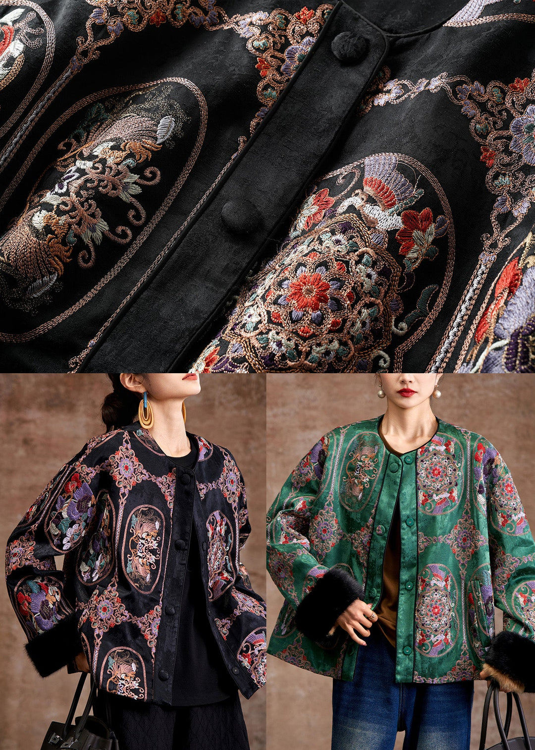 Beautiful Green Embroidered Patchwork Mink Hair Fine Cotton Filled Coats Winter