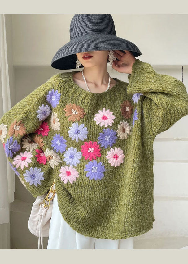 Beautiful Green Embroideried Floral Knit Sweaters Winter