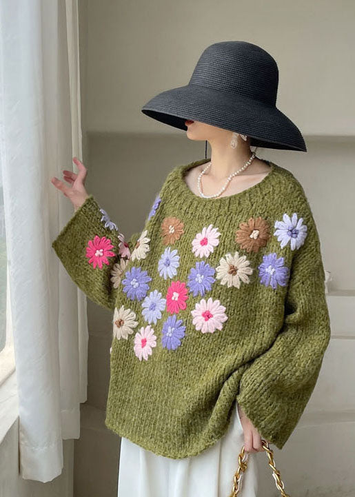 Beautiful Green Embroidered Floral Knit Sweaters Winter