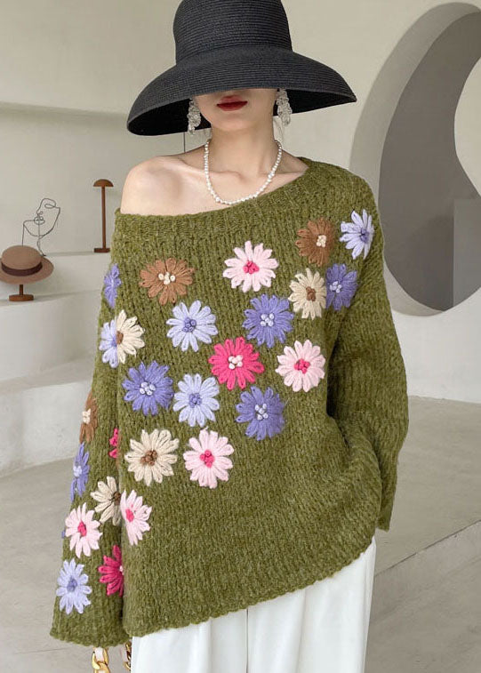 Beautiful Green Embroidered Floral Knit Sweaters Winter