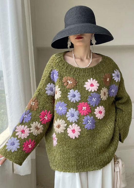 Beautiful Green Embroidered Floral Knit Sweaters Winter