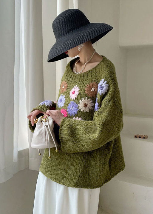 Beautiful Green Embroidered Floral Knit Sweaters Winter